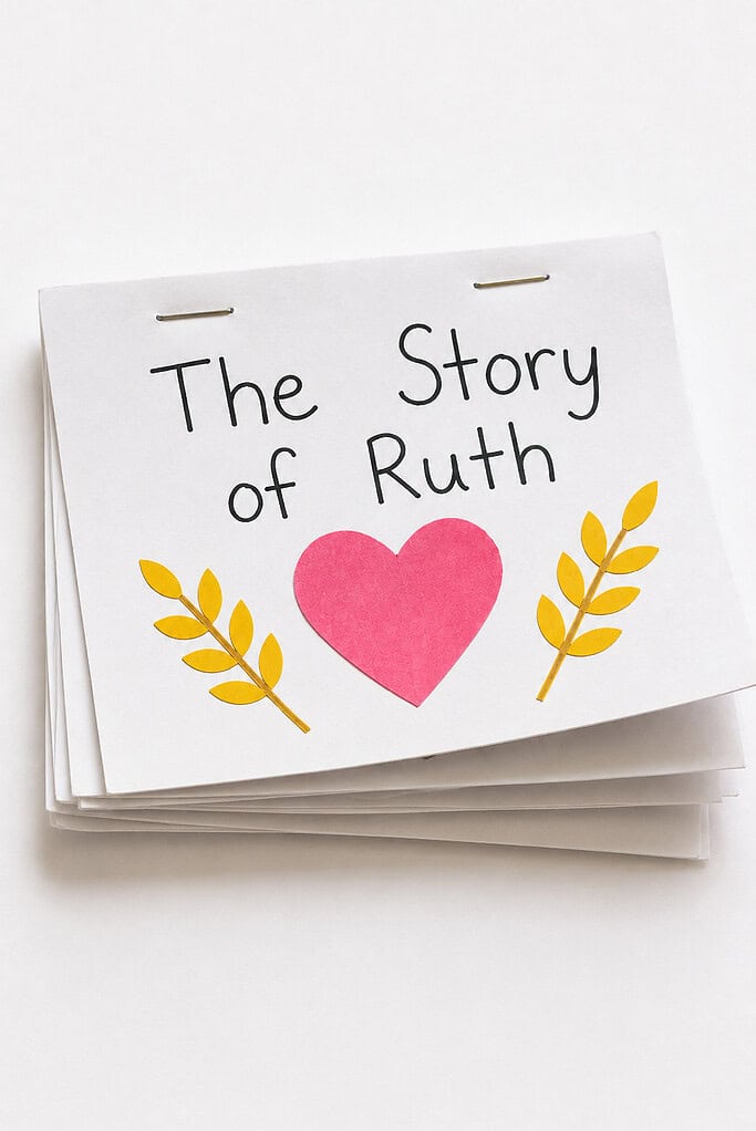 A small handmade flip book with multiple white pages held together by two binder clips at the top, with a cover reading "The Story of Ruth" in handwritten lettering, decorated with a pink paper heart and two golden paper wheat sprigs