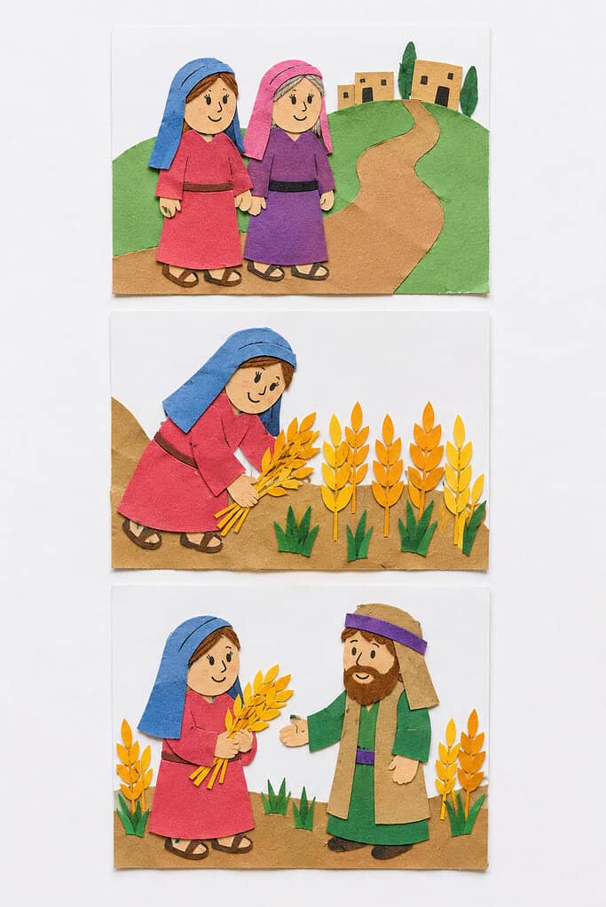 Three felt scenes stacked vertically: the top scene shows two female felt figures in red and purple robes walking on a dirt path toward buildings; the middle scene shows a woman in a red robe bending to gather a bundle of golden wheat stalks in a field; the bottom scene shows the same woman in red holding wheat, standing beside a bearded man in a green and tan robe in a wheat field