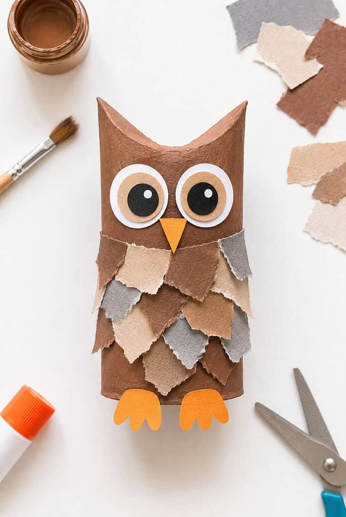 a recycled cardboard toilet paper roll with the top edges pinched inward to create two soft pointed owl ear tufts.
