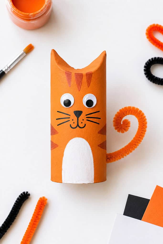 a recycled cardboard toilet paper tube with the top edges pinched inward to form two pointed cat ears.