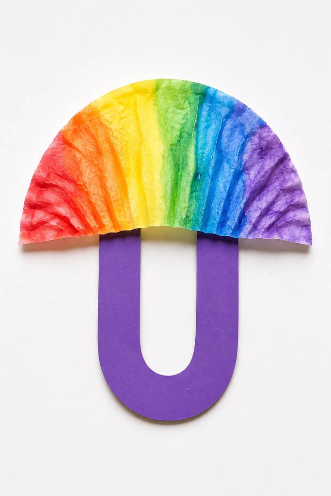 Purple paper letter U shape with a large rainbow-colored semicircle coffee filter folded into a dome sitting on top of the two uprights, the filter showing stripes of red, orange, yellow, green, blue, and purple radiating outward