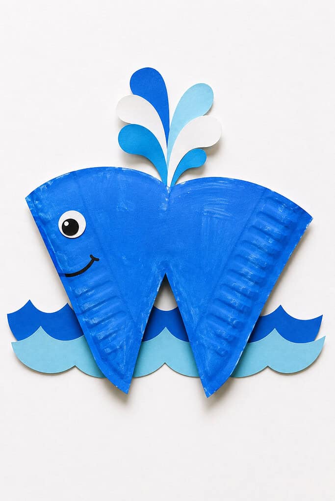 Blue paper plate cut and painted to form a letter W shape with two downward-pointing fluke sections, a round blue face on the left with a single googly eye and a curved smile, layered dark and light blue paper wave cutouts along the bottom, and a cluster of blue and white teardrop splash shapes rising from the center top