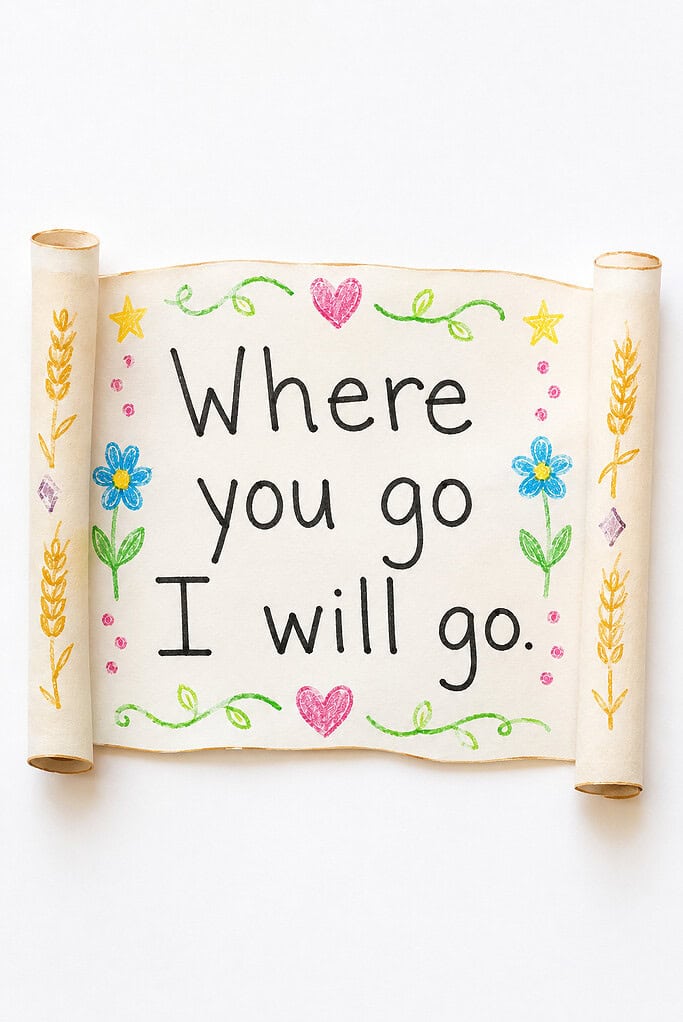 A paper scroll craft with the text "Where you go I will go" written in black marker, decorated with colorful crayon drawings of blue flowers, green vines, yellow wheat stalks, pink hearts, yellow stars, and pink dots along the border