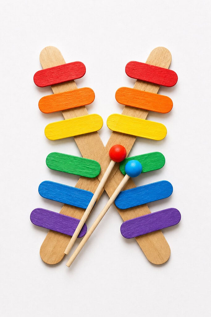 Two natural wooden popsicle sticks crossed to form an X frame, each arm layered with shorter painted popsicle sticks in red, orange, yellow, green, blue, and purple in rainbow order, with two thin wooden dowel mallets crossing in the center each tipped with a small red and blue bead