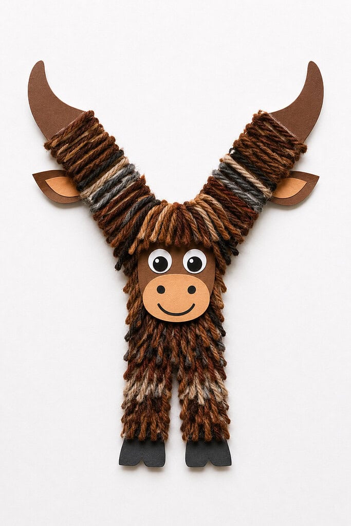 Brown and gray yarn densely wrapped around a Y-shaped paper frame with two wide curved horns tipped with brown paper ends extending from the upper arms, a round tan paper face centered at the junction with two goggle eyes, a brown oval nose, and a smiling mouth, and two short legs with black rectangular hooves at the base