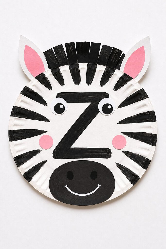 White and black paper plate with bold black painted horizontal stripes radiating from the center, a large black letter Z painted in the middle, two white ear shapes with pink inner ear color at the top, two goggle eyes flanking the Z, two pink circle cheeks, and a black rounded snout with a smiling mouth at the bottom