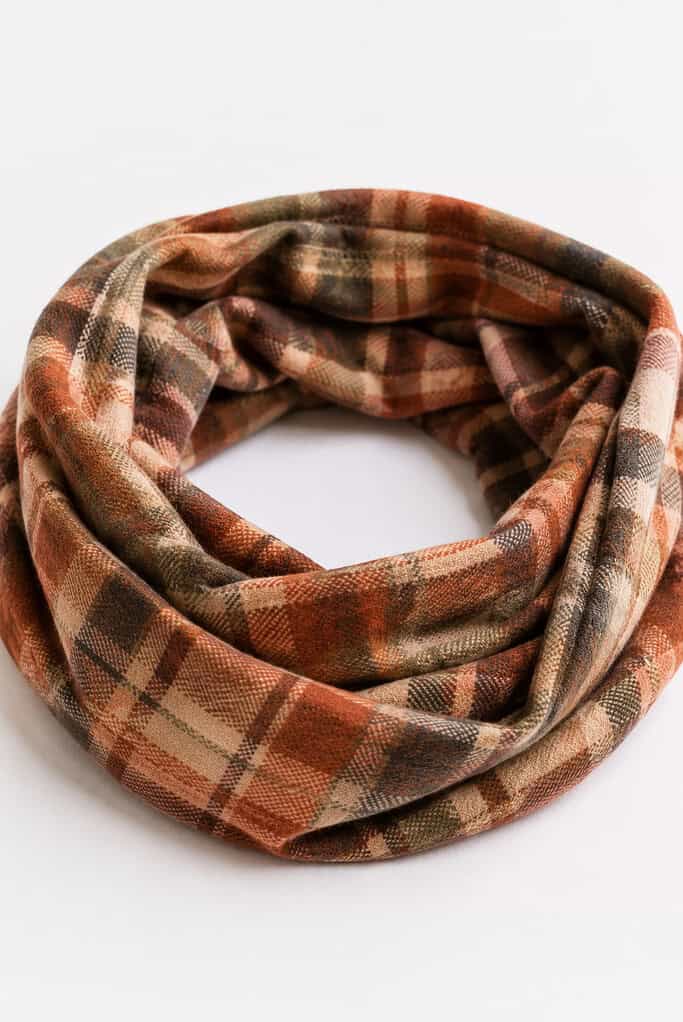 a finished handmade flannel cowl scarf designed for cozy autumn and winter wear.
