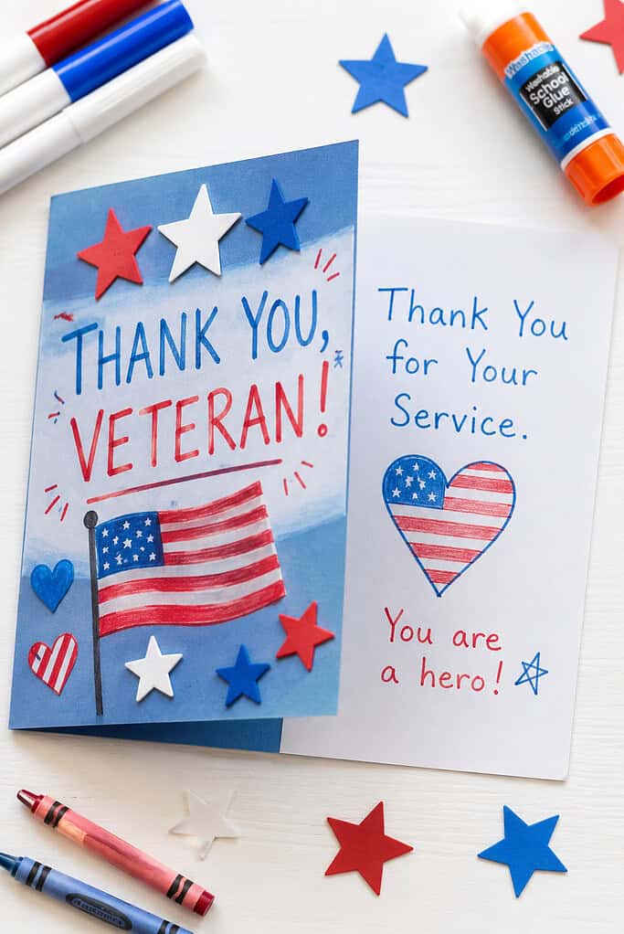 a folded cardstock greeting card decorated by children with patriotic stars, stripes, hearts, and colorful hand-drawn details.