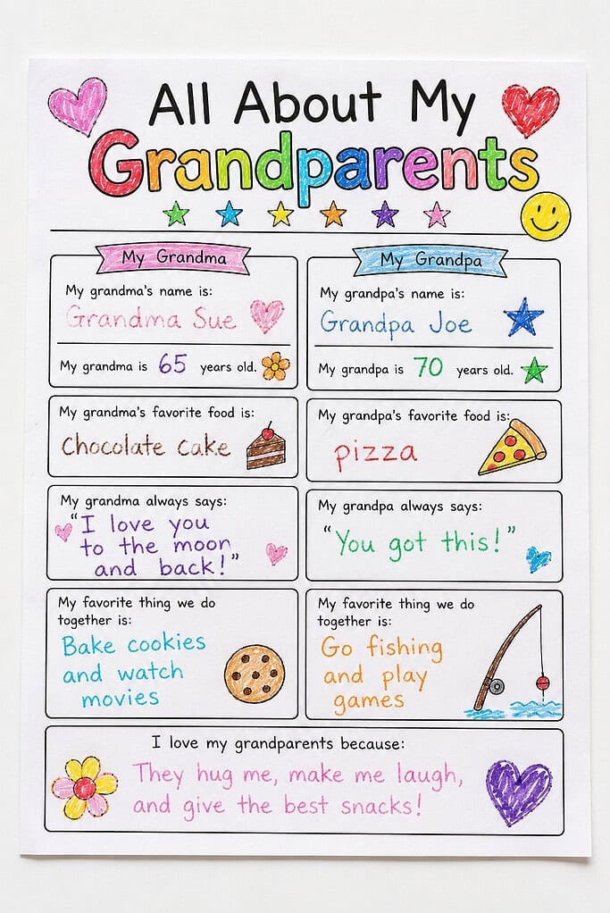 A filled-in worksheet titled "All About My Grandparents" with two columns for grandma and grandpa containing handwritten entries about names, ages, favorite foods, sayings, and favorite activities together