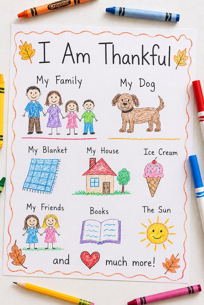 A Thanksgiving gratitude worksheet titled "I Am Thankful" written in large, child-friendly lettering at the top of a white page.