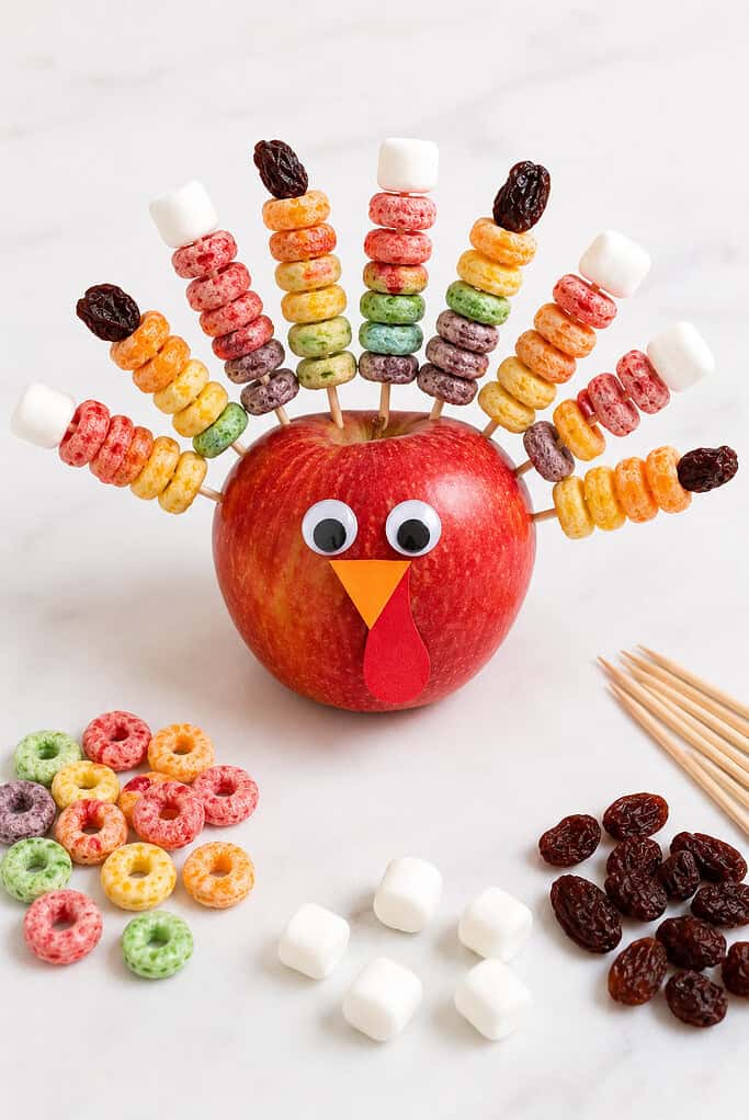 A fresh red apple transformed into an adorable turkey.
