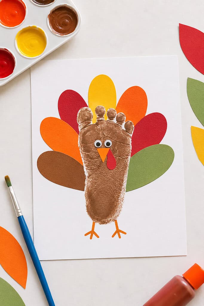 A Thanksgiving turkey created from a baby's painted footprint on a sheet of white cardstock.