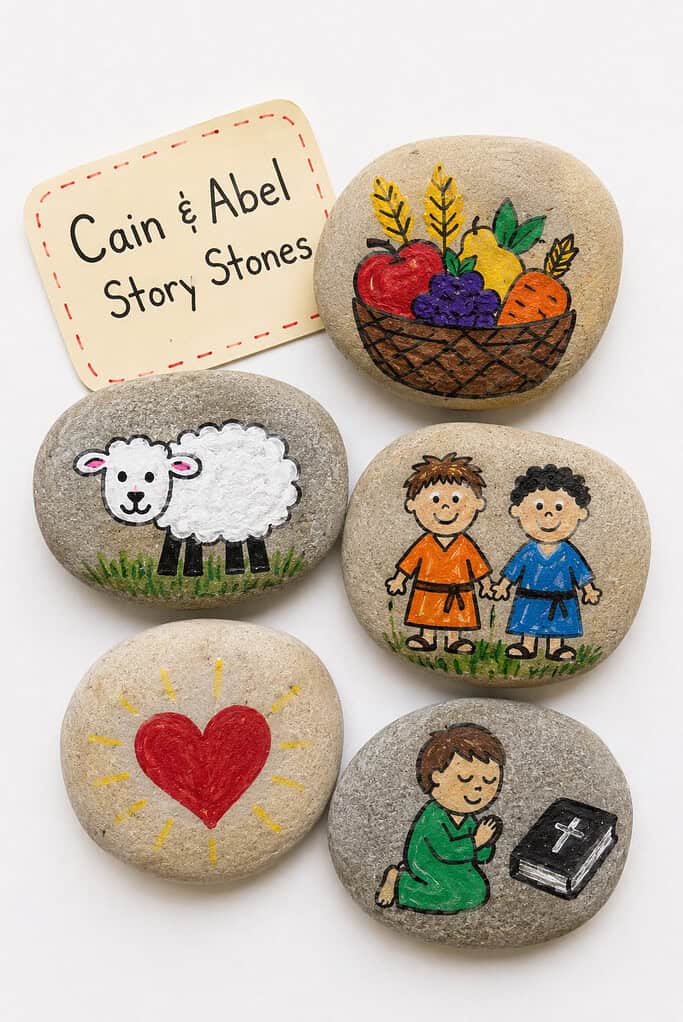 Five smooth oval river stones arranged on a white surface, each hand-painted with a different scene: a wicker basket overflowing with colorful fruit, a white lamb standing on green grass, two smiling boy figures in orange and blue outfits, a red glowing heart with yellow rays, and a boy kneeling in prayer beside a black book with a cross. A small handwritten label card in the corner reads "Cain & Abel Story Stones."
