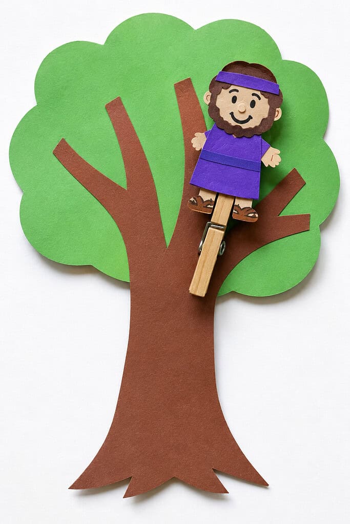 A small smiling bearded paper figure in a purple robe and purple headband, clipped to a brown paper tree trunk with a wooden clothespin, against a green paper treetop