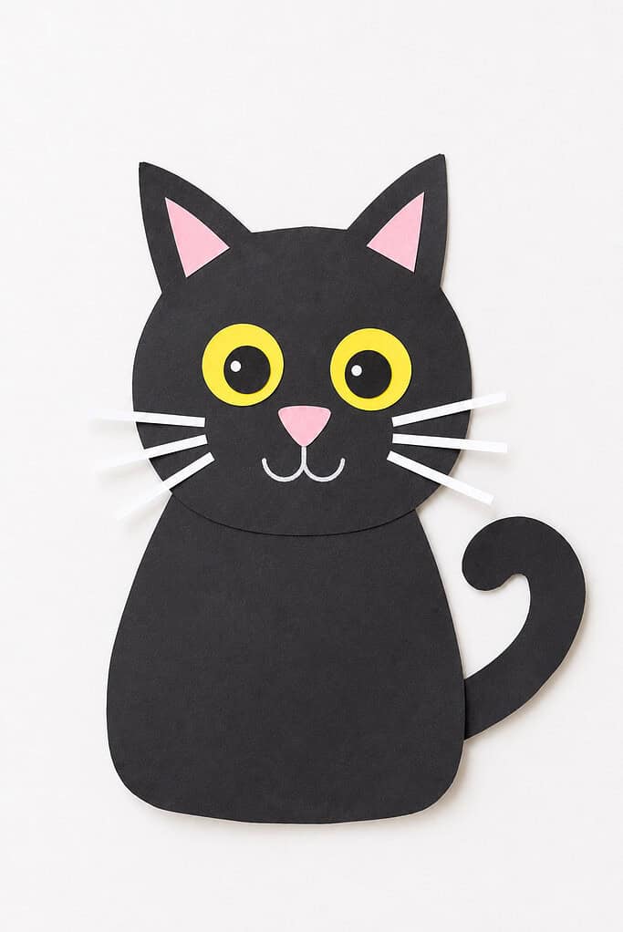 A black construction paper cat cutout with large yellow circular eyes with black pupils, pink inner ears, a pink triangular nose, white paper whiskers, and a curled tail on the right side