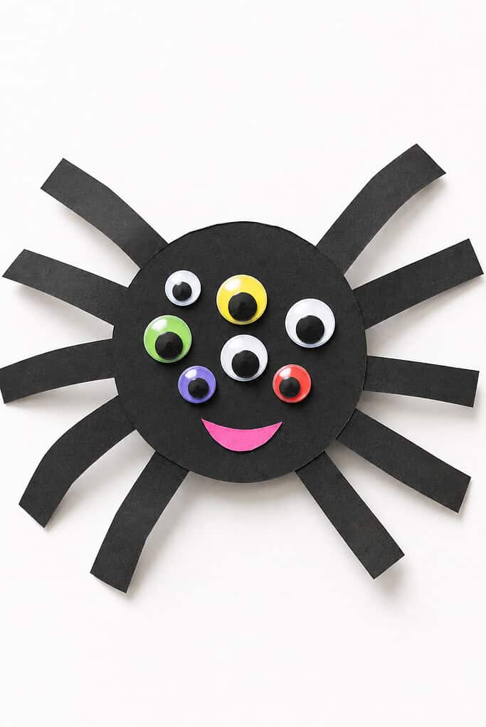 A black circular paper body with eight straight black paper legs extending outward, five colorful googly eyes in green, yellow, white, purple, and red arranged in a cluster, and a pink curved smile at the bottom