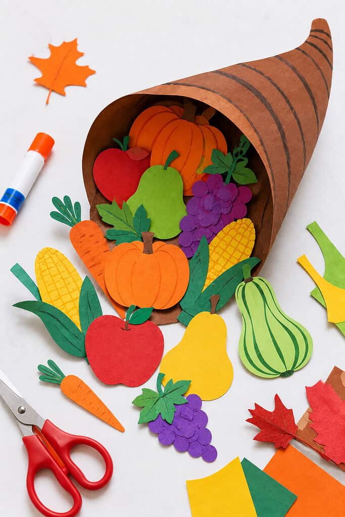 A handmade cornucopia created from brown construction paper rolled into a cone shape.