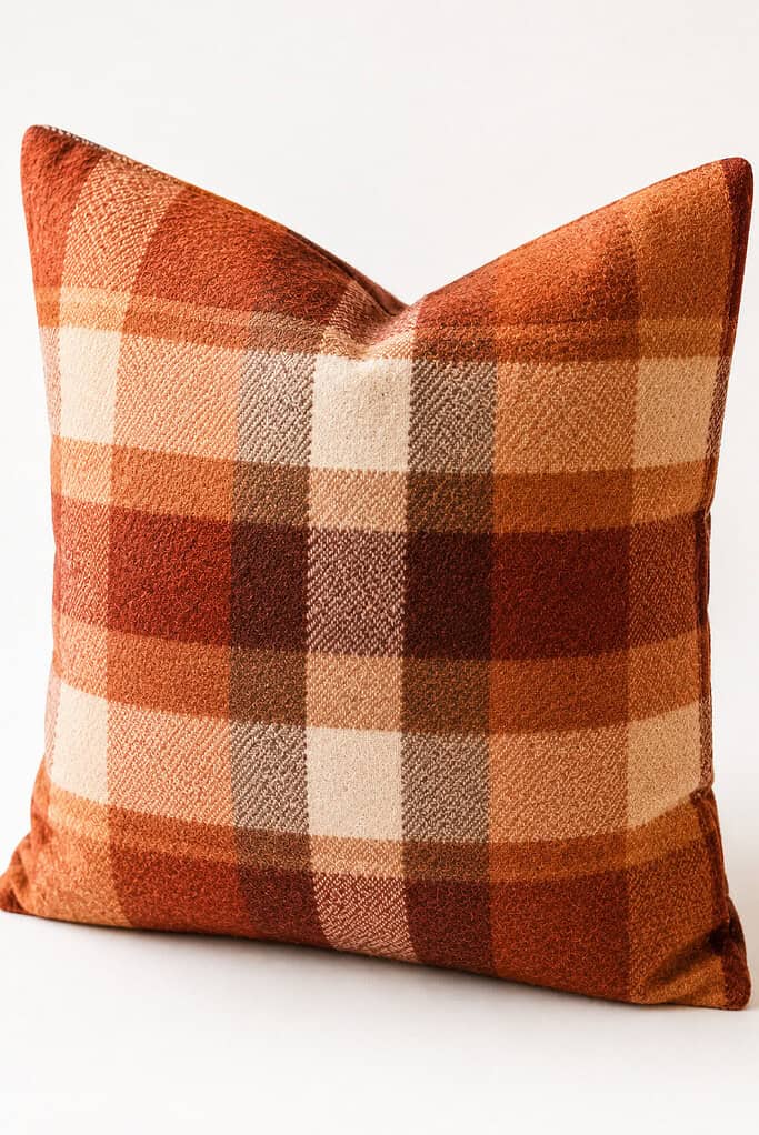 warm autumn-inspired flannel fabric in shades of rust, caramel, cream plaid, muted mustard, cinnamon, or other cozy fall tones.