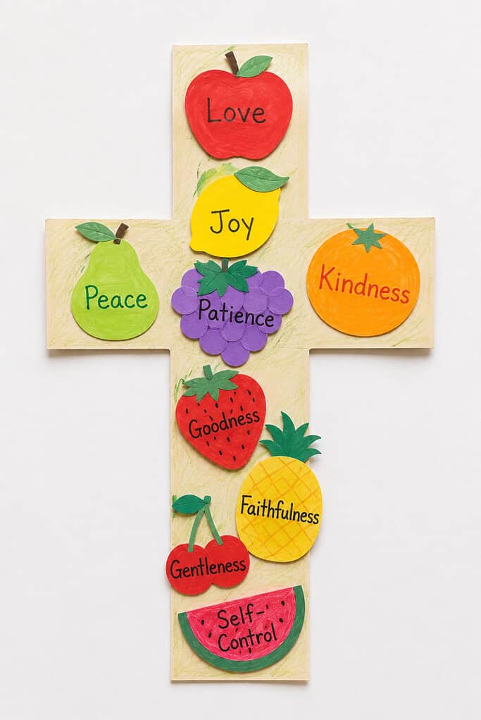 A wooden cross with paper fruit cutouts including an apple, lemon, pear, grapes, orange, strawberry, pineapple, cherries, and watermelon slice, each labeled with a word written in marker