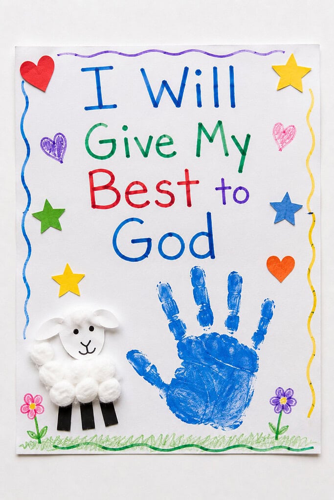 A white paper poster with a hand-drawn wavy-line border decorated with colorful cut-out stars and drawn hearts and flowers. Multicolored hand-lettered text in the center reads "I Will Give My Best to God." A small white cotton ball lamb stands at the lower left, and a blue painted handprint is stamped at the lower right.