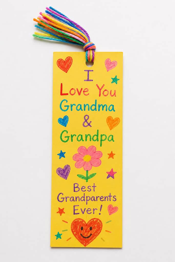 a handmade bookmark created from a strip of colorful cardstock, decorated by a child with drawings, hearts, stars, and a sweet handwritten message for Grandma and Grandpa.