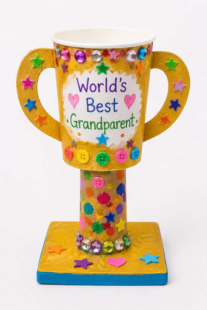 A gold-painted paper cup trophy with two handles made from cardboard, decorated with colorful foam star stickers, rhinestone gems, and buttons, mounted on a gold-painted square base with a blue edge, with "World's Best Grandparent" written on a white oval label in the center
