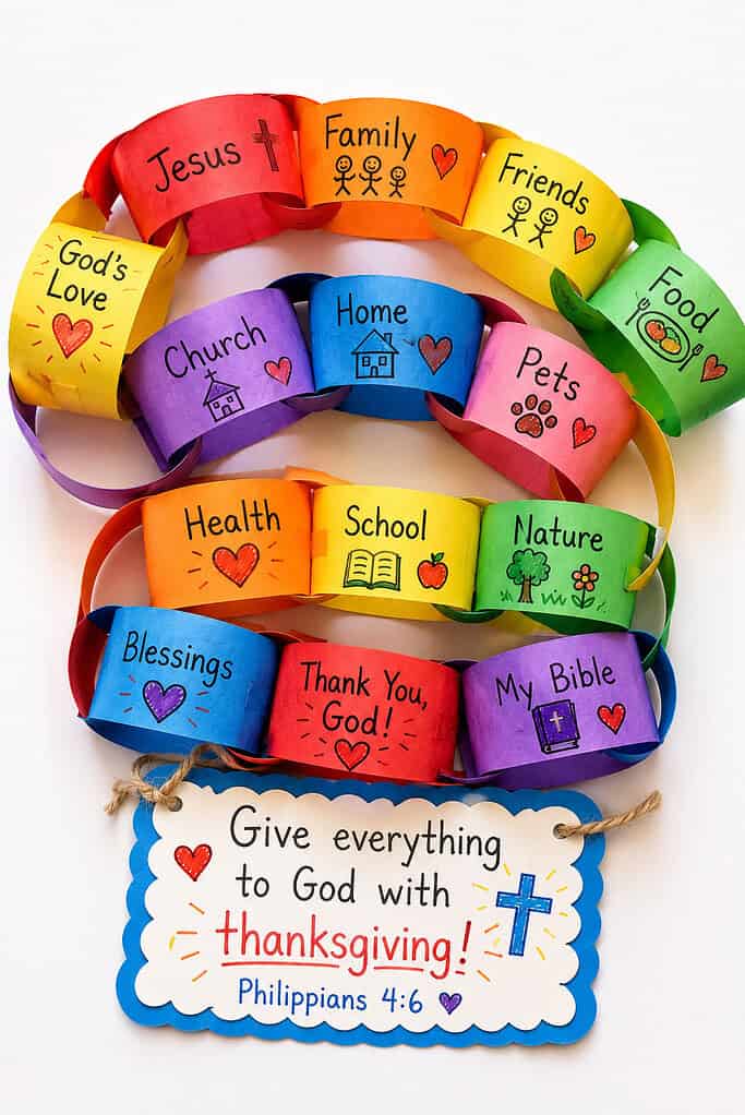 A paper chain craft made of interlocking loops in rainbow colors including red, orange, yellow, green, blue, and purple. Each loop is labeled with words including Jesus, Family, Friends, Food, Gods Love, Church, Home, Pets, Health, School, Nature, Blessings, Thank You God, and My Bible. A blue-bordered scalloped tag at the bottom reads Give everything to God with thanksgiving, Philippians 4:6.