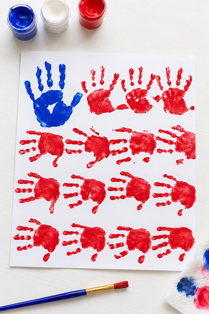a white sheet of paper displaying a handmade American flag created from children's handprints.