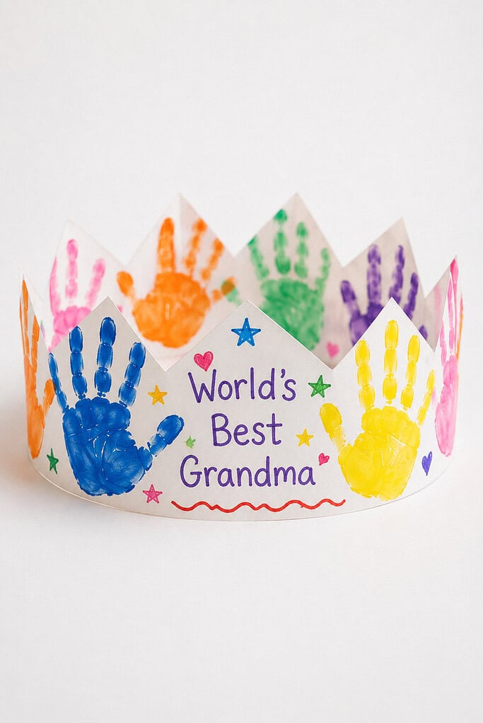 A paper crown made from a white strip of paper covered with colorful painted handprints in pink, orange, blue, green, purple, and yellow, with "World's Best Grandma" written in purple marker on the center panel, decorated with small drawn stars and hearts