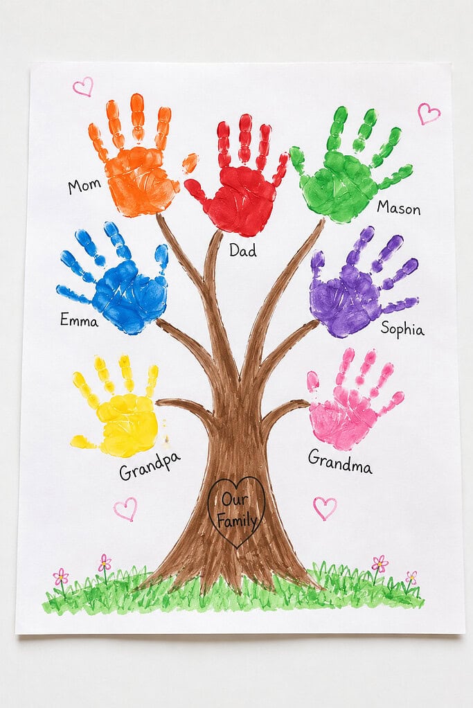 A family tree painted on white paper with colorful handprints in orange, red, green, blue, purple, yellow, and pink used as leaves, each labeled with a family member name including Mom, Dad, Mason, Emma, Sophia, Grandpa, and Grandma, with a brown tree trunk and green grass at the base