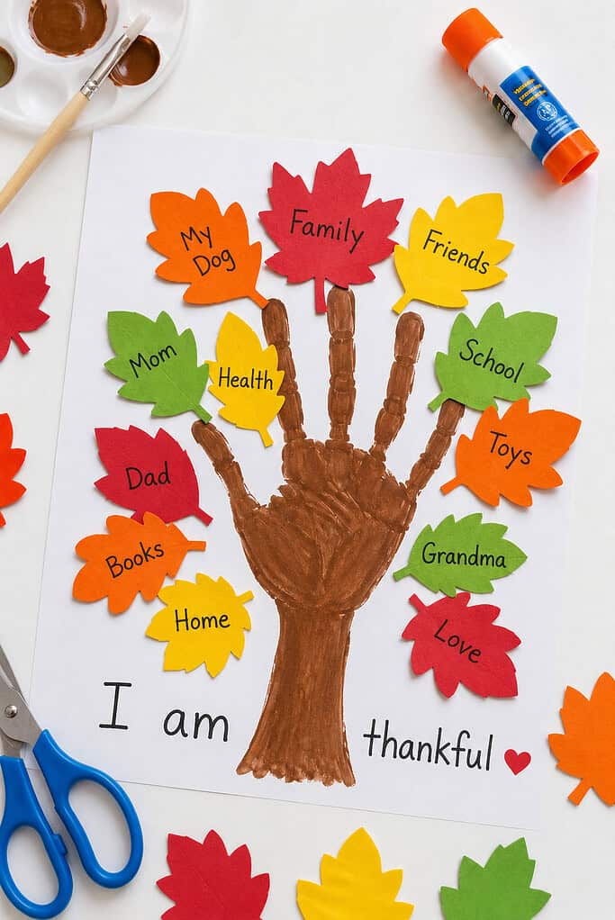 A Thanksgiving "Thankful Tree" created from a painted brown child-sized handprint that forms the tree trunk and branches on a sheet of white cardstock.