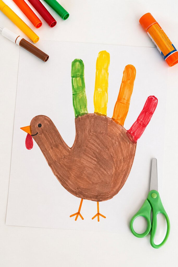 A child's handprint traced on white cardstock and transformed into a turkey.