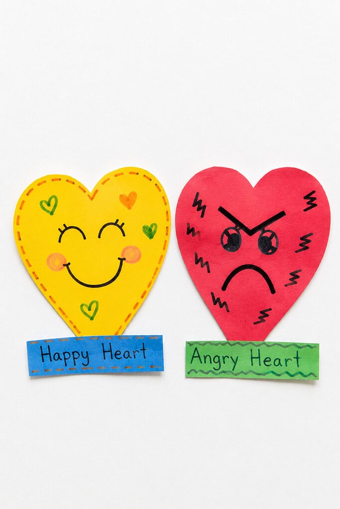 Two large paper heart cutouts on a white surface. The left heart is yellow with a smiling face, rosy cheeks, and small green drawn hearts, and sits on a blue label strip reading "Happy Heart." The right heart is red with a drawn angry face featuring furrowed brows and a frown surrounded by zigzag lines, and sits on a green label strip reading "Angry Heart."