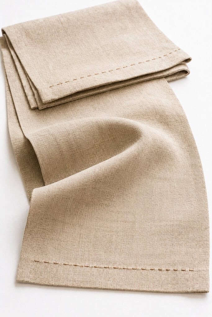 a finished handmade linen harvest table runner designed for autumn gatherings and seasonal dining.