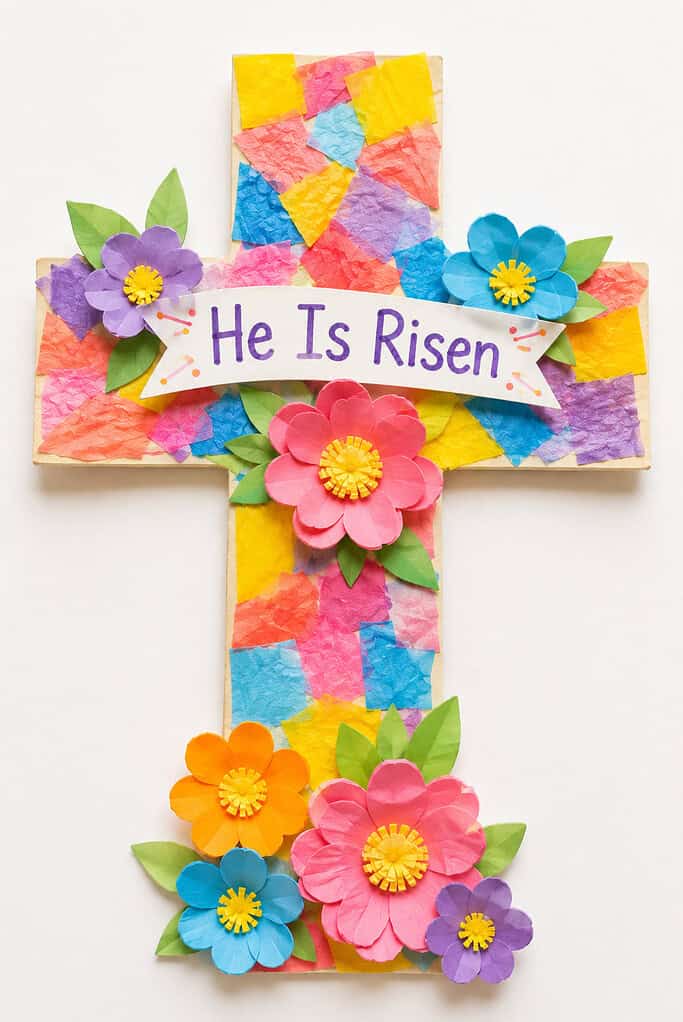A wooden cross covered in colorful tissue paper pieces with paper flowers in pink, blue, orange, and purple attached, and a white banner reading He Is Risen across the middle