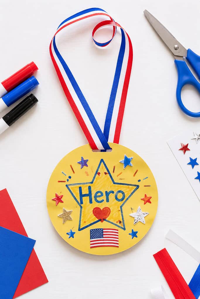 a handmade medal crafted from a large circle of gold or bright yellow cardstock, decorated with child-friendly patriotic designs and suspended from a red, white, and blue ribbon loop.