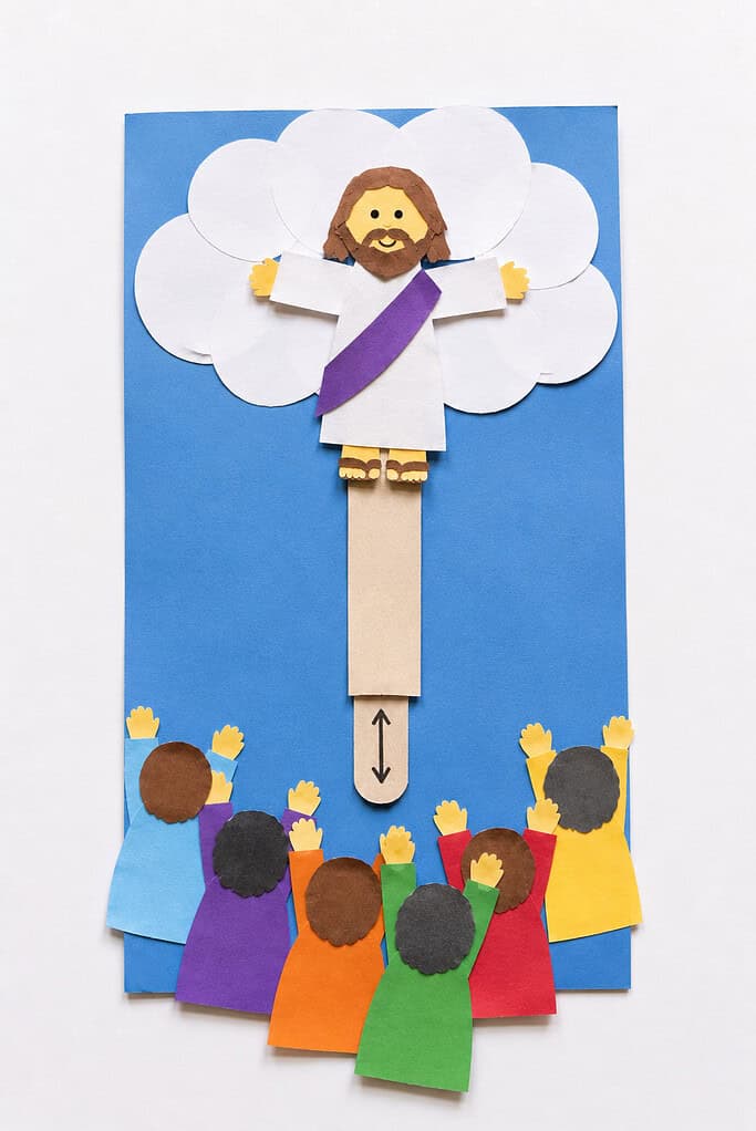 a simple paper slider mechanism that allows Him to move upward into a fluffy paper cloud. The cloud sits near the top of a blue paper sky, while several simple paper disciples stand below looking upward.