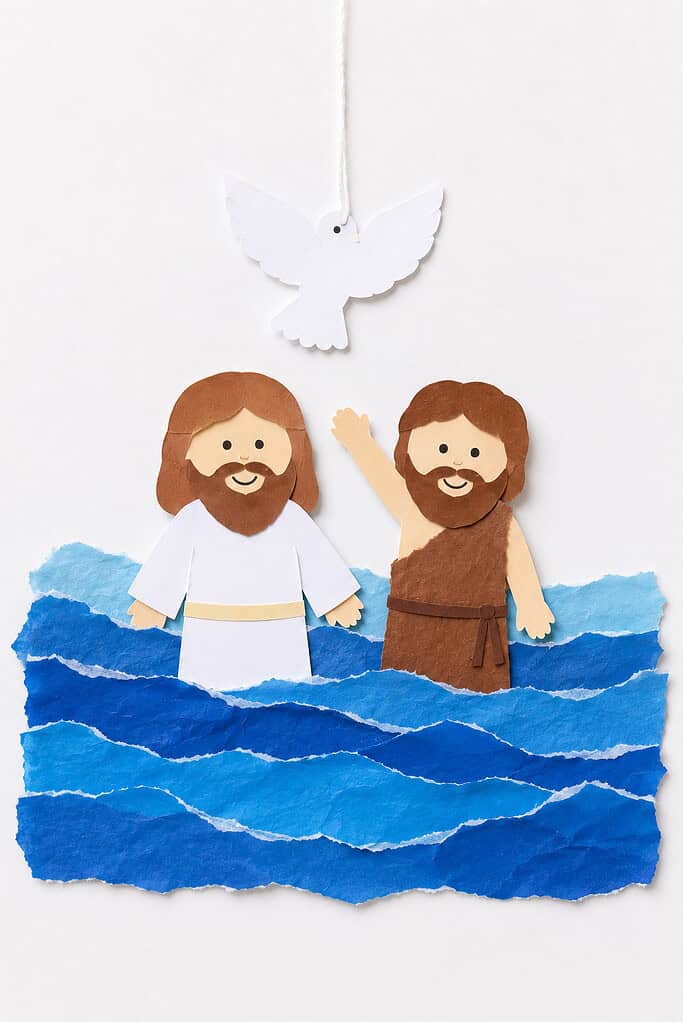 a simple river scene made from torn blue construction paper or tissue paper arranged to look like flowing water. Standing in the river are two child-friendly paper figures representing Jesus and John the Baptist.