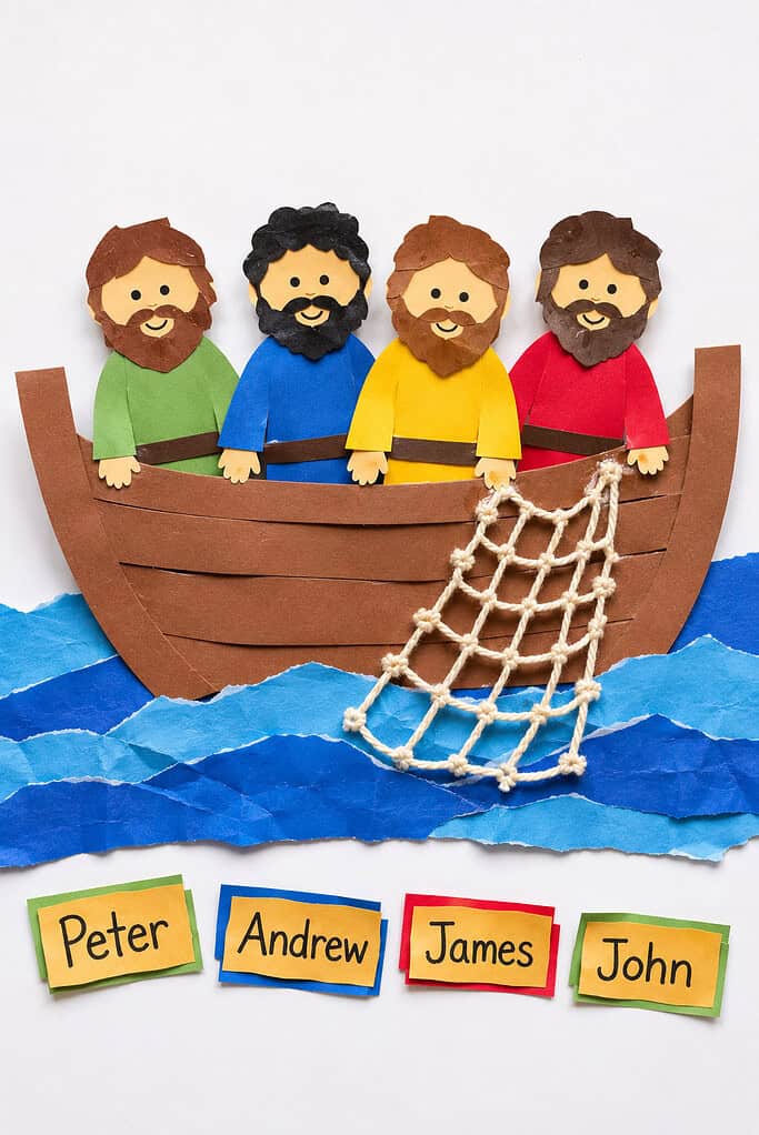A small fishing boat made from hand-cut construction paper sits on a blue paper sea. Inside the boat are simple paper fishermen representing Peter, Andrew, James, and John.