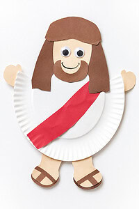 a simple, handmade Jesus craft created from basic children's craft supplies such as construction paper, cardstock, glue, scissors, googly eyes, and a paper plate.