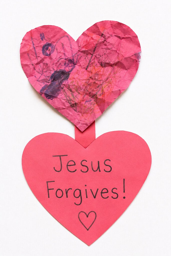two large handmade paper hearts. One heart appears wrinkled, smudged with washable paint, crayon scribbles, or marker marks, while the second heart is bright, clean, and fresh.