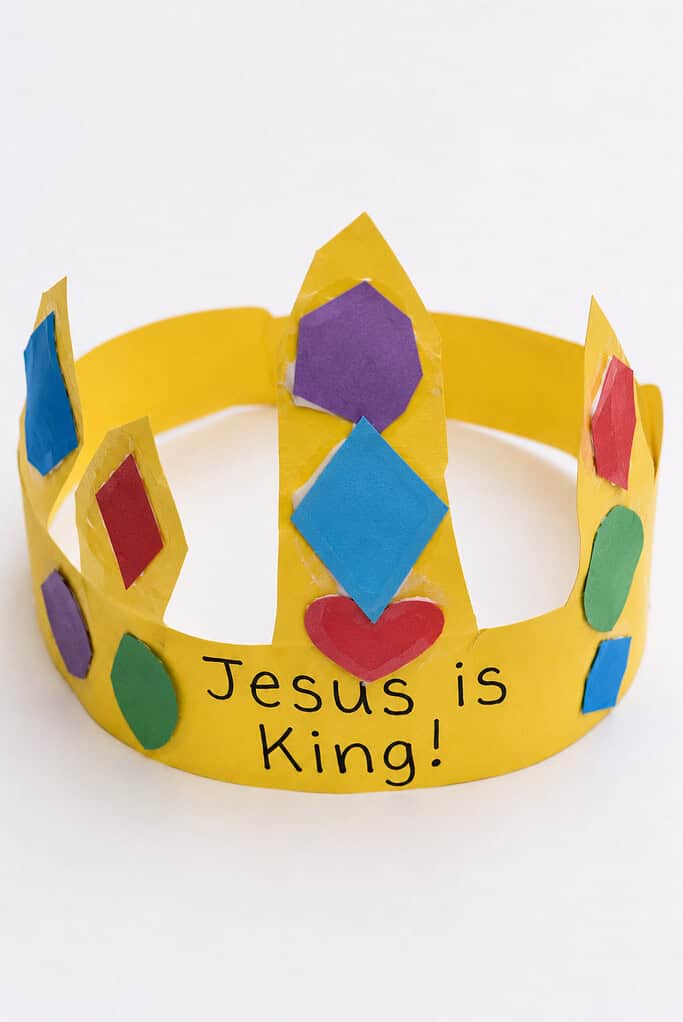 a simple crown made from yellow construction paper or gold pipe cleaners, decorated by a child with hand-cut paper jewels in bright colors.