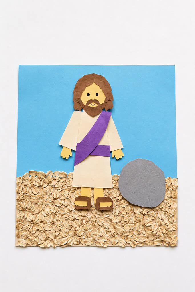 a simple desert scene made from hand-cut paper with a sandy area created using glued oats, torn brown paper, or a small piece of sandpaper.