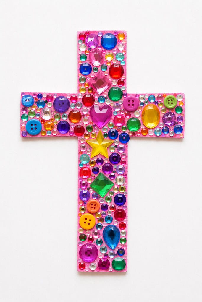 A pink painted wooden cross covered in colorful adhesive gems, rhinestones, buttons, and a gold star sticker