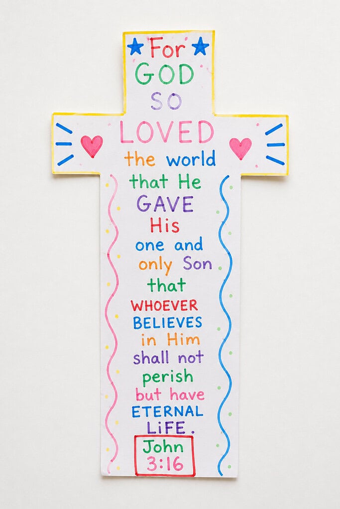 A hand-drawn paper cross shape with the John 3:16 verse written in multicolored marker, decorated with pink hearts and wavy border lines