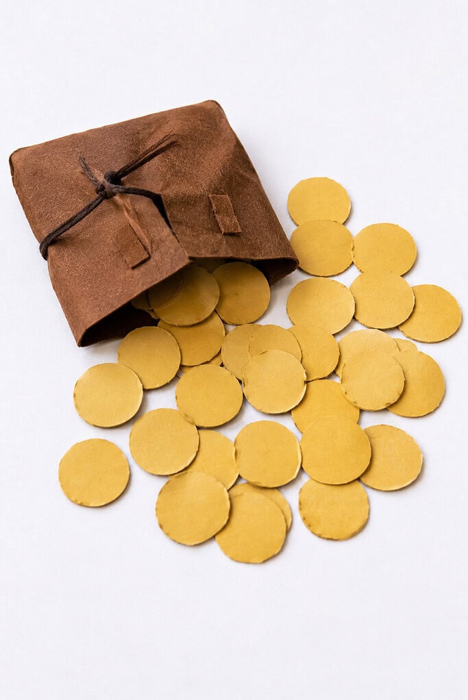 a small handmade coin purse folded from brown paper or felt, with thirty simple paper coins partially spilling out beside it.