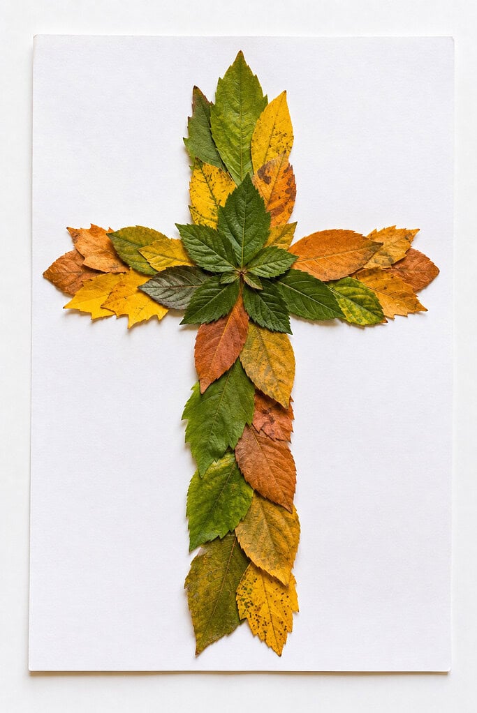 Real leaves in green, yellow, orange, and brown arranged in a cross shape on a white sheet of paper