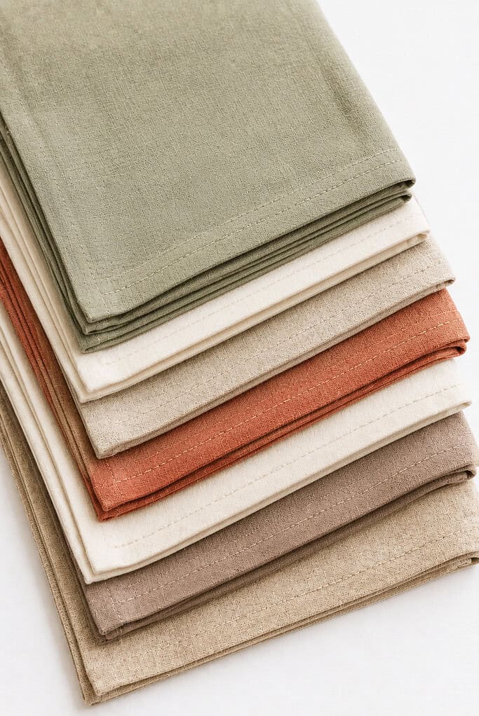 a stack of finished handmade linen and cotton dinner napkins designed for everyday dining and seasonal gatherings.
