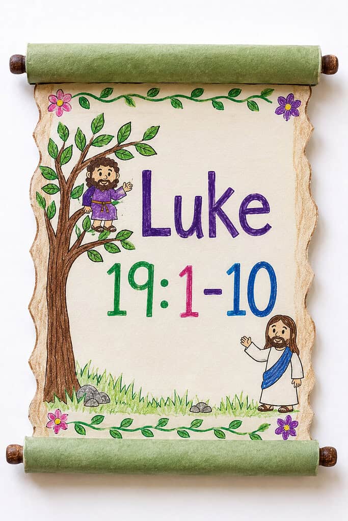 A handmade paper scroll with green paper rollers and rounded wooden ends, displaying the text "Luke 19:1-10" in large colorful letters, with small hand-drawn figures, a tree, flowers, vines, and grass decorating the border