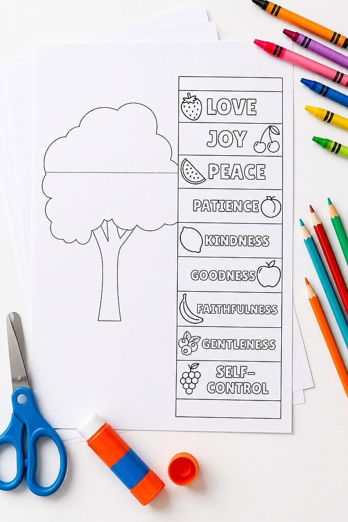 children's craft supplies neatly arranged on a bright white tabletop